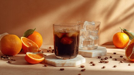 Two glasses sit on marble coasters