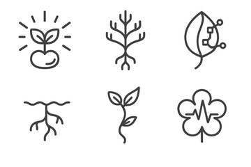 Obraz premium Bio-Digital Bloom Icons. Line style icons of Bio-Digital Bloom: radiant seedling, glowing vein, hybrid petal, fluid root, electric