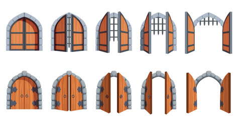 Old castle door with iron lattice. Medieval doors opening process step by step. Gates in palace, dungeon entrance. Passage to cellar, gateway sapid vector scene