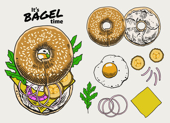 Bagel Sandwich in Vintage Hand drawn