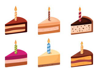 Cakes birthday. Cheesecake, chocolate cake with candles. Birthday or anniversary celebrating food. Sweet dessert pieces with decorations, sapid vector clipart