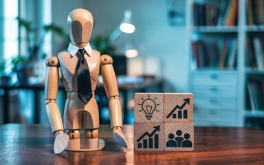 A wooden mannequin in a modern office setting with icons representing business growth and ideas
