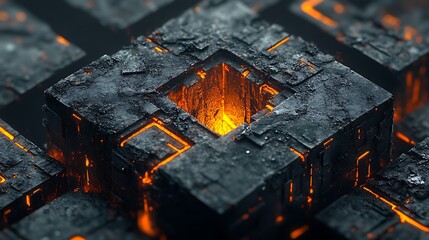 Abstract tech cube glowing fire.