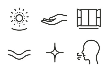 Fototapeta premium Emotional Stillness Icons. Line style icons of Emotional Stillness: fading glow, resting hand, open window, curved warmth, glowing