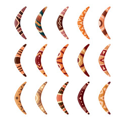 Aboriginal wooden boomerangs. Traditional australian boomerang with different folk ornaments. Sport and hunting weapons, art design, sapid vector set