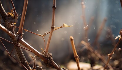 Close-up of bare brown vines with early spring budding and light filtering through
