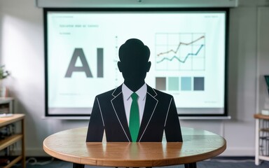 Man in suit standing in front of a screen displaying AI graph in a modern office environment from a frontal viewpoint