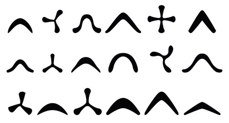 Aboriginal boomerangs. Different boomerang black silhouettes. Australian native weapon, sport tools. Children toys, activity game equipment, sapid vector set