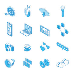 Isometric social media icons. Outline digital symbols, marketing and communication elements. Online community, messages, megaphone, nifty vector elements