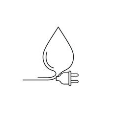 A clean line art illustration portrays a water drop merging with an electrical plug, representing sustainable energy, hydroelectric power, and eco-solutions.