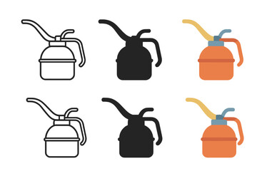 Classic Oil Can Icons. Classic oil can with a long curved spout, minimal vector icon, first in line style with thin outline,