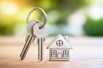 Home insurance concept with a key and house-shaped keychain placed on a modern table, featuring clean space for text, symbolizing property protection and security.