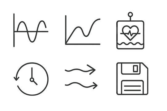 Nostalgia Tide Icons. Line style icons of nostalgia tide predictors: emotional wave chart, rising and falling curve, heart-beat