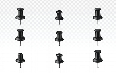 Set of black push pin vector illustrations shown in multiple angles, realistic style isolated on transparent background, ideal for office supplies, maps, presentations, infographics, and UI design.