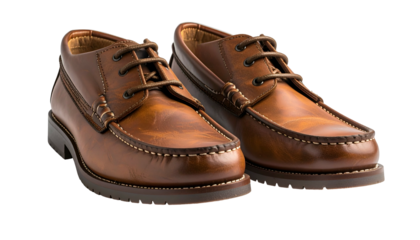 Two brown leather boat shoes with laces, stitched details, and a rubber sole