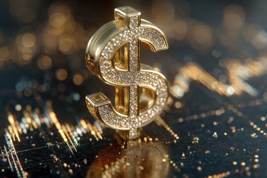Close-up view of a gold dollar sign bedazzled with sparkling gemstones