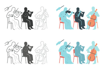 Ghostly Orchestra Artistry. Ghostly orchestral scene with invisible arms and faint silhouettes of players, abstract minimal vector
