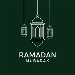 Minimal Ramadan Mubarak vector design featuring elegant hanging lantern line art on a dark green background, clean modern style ideal for greeting cards, social media posts, banners, and festive brand