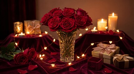 Romantic Red Rose Bouquet with Candles and Heart Lights on Velvet for Valentine's Day