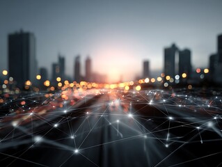 Cityscape with interconnected lines, illustrating digital network and transportation at dusk