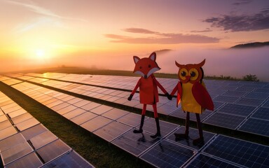 Two anthropomorphic animals standing together on a solar panel farm at sunset, conveying unity and sustainability.