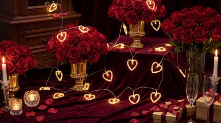 Romantic Valentine's Day Table with Red Roses, Candles, and Heart String Lights