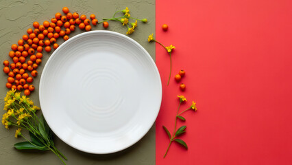 Empty white plate surrounded by berries and flowers on dual tone background