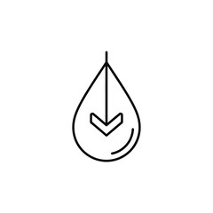 This clean, minimalist line art icon illustrates a water drop with a prominent downward arrow, symbolizing concepts of reduction, conservation, or decreasing liquid levels.