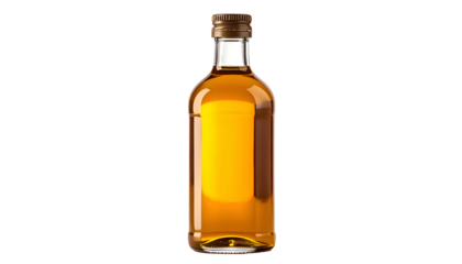 A small clear glass bottle filled with amber liquid, sealed with a brown cap, on black