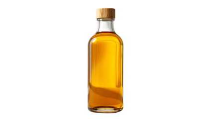 A rectangular glass bottle filled with a golden liquid, topped with a wood cap, on black background