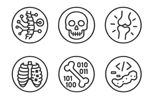 Digital Bones Icons. Line style round vector icons of Digital Bones: circuit spine, pixel skull, data rib, glowing joint, binary