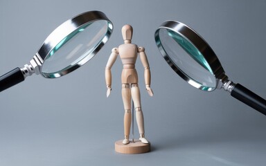 A wooden mannequin is scrutinized by two magnifying glasses on a gray background