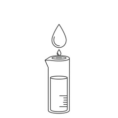 A precise, minimalist line art illustration depicts a single liquid drop falling into a graduated beaker, symbolizing scientific measurement and chemical experimentation.
