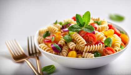a vibrant pasta salad in a white bowl featuring spiral pasta colorful vegetables and a fresh mint garnish healthy and delicious
