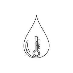 An illustrative line art icon depicting a thermometer within a water droplet, symbolizing temperature measurement, climate change, or hydration levels.
