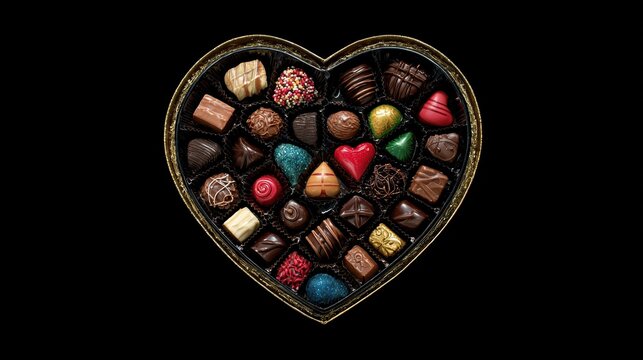 Gold-trimmed heart-shaped box of assorted chocolates on black for Valentine's Day gift or dessert photography - Powered by Adobe