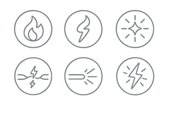 Electric Fractal Icons. Line style round vector icons of Electric Fragments: neon ember, curved voltage, charged glow, fractured