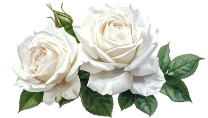 Two white roses with green leaves. Elegant, detailed floral artwork