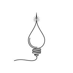 A creative continuous line drawing depicts a lightbulb filament ingeniously shaped like a sparkling water drop, symbolizing sustainable energy and fresh ideas.