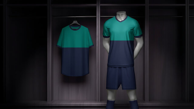 A soccer player in green and blue uniform standing in a locker room with matching clothes hanging on a hook