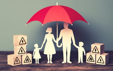 Family of four paper cutouts standing together under a red umbrella with warning signs on wooden blocks around them on a wooden surface