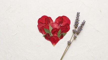 Red Rose Petal Heart with Dried Lavender Stems on White Paper