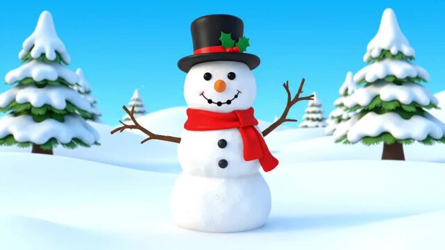 Happy cartoon snowman wearing a red hat and scarf holds a Christmas gift in a winter snow landscape with festive holiday decorations and snowflakes for a New Year greeting card vector illustration