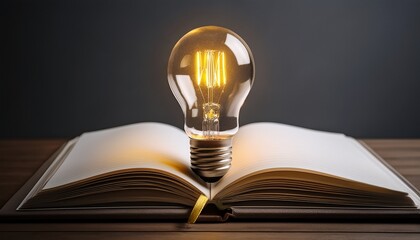 light bulb glowing on open notebook with blank pages symbolizing creative idea and inspiration concept