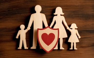 Family unit protected by a symbolic shield with a heart on a wooden background