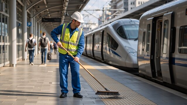A maintenance worker in a uniform and hard hat sweeping a train station platform. Male janitor cleaning the railway next to a modern high-speed train