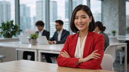 Confident Asian businesswoman smiling at the camera in a modern office. Portrait of a successful female leader with arms crossed. Professional corporate employee in a diverse workplace environment
