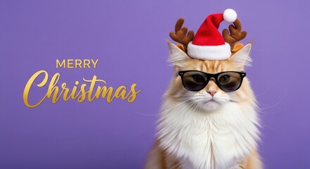Fluffy cat in santa hat, antlers, sunglasses on purple