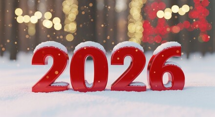 Red glossy 2026 numbers in snow with bokeh lights