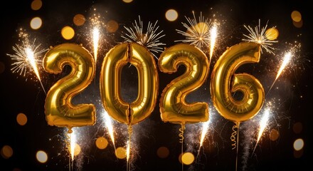 Gold 2026 balloons with sparklers on dark bokeh